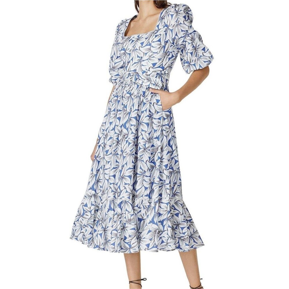 Jonathan Simkhai Ella Floral Midi Dress Size 6 Floral Linen Blend Puff Sleeves